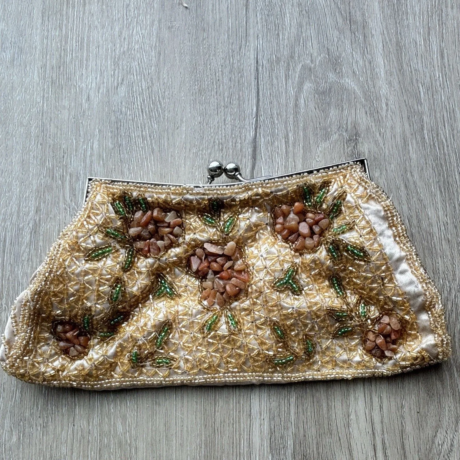 Vintage Beaded Stone Natural Coral Peach Clutch Purse Evening Bag WORN Lining Orange - Image 2