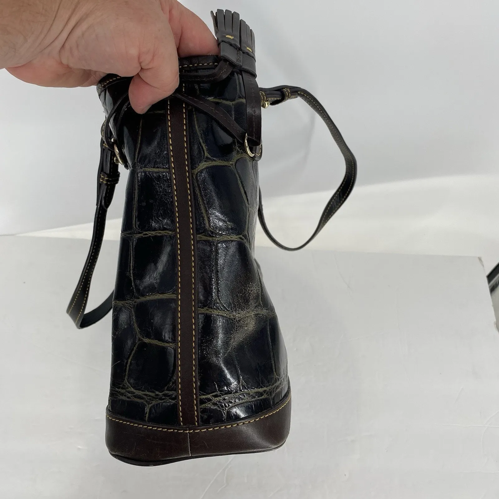 Dooney And Bourke Croco Embossed Leather Double Strap Tassel Bag Purse - Image 12