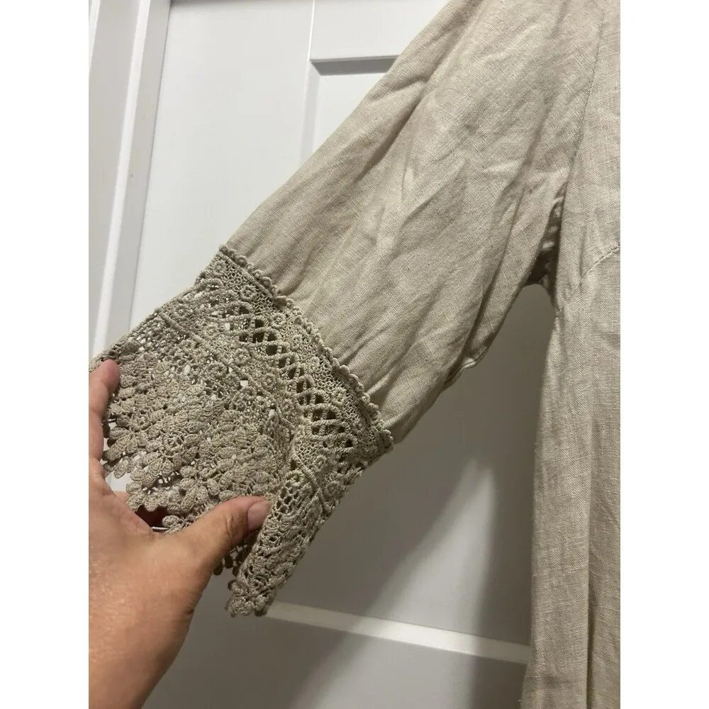 Rosemarine Beige Tan Linen Shift Tunic Dress Sand Italy Lace Size Large Crochet - Image 4