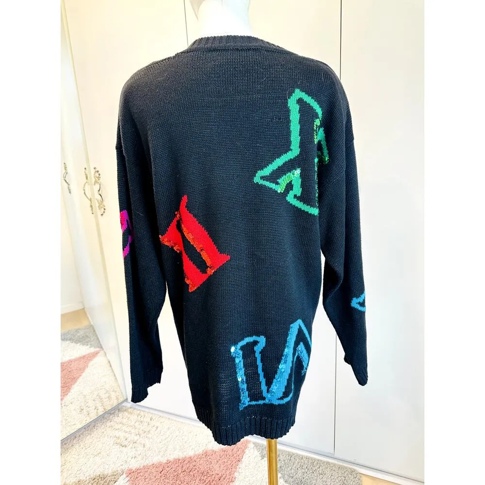 Vintage 90s Sweater Chaus Sport Size Black Sequin Roman Numerals Unique - Image 4