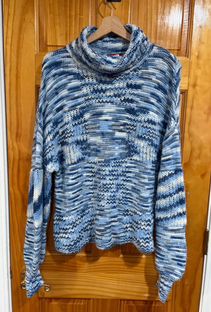 STAUD Benny Turtleneck Chunky Knit Sweater Blue White Space Dye Women’s Medium - Image 1