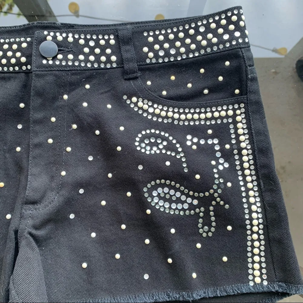 Olsenboye Demin Bedazzled Frayed Hem Shorts in Black -Size 1, Jewels, Dots Studs - Image 4