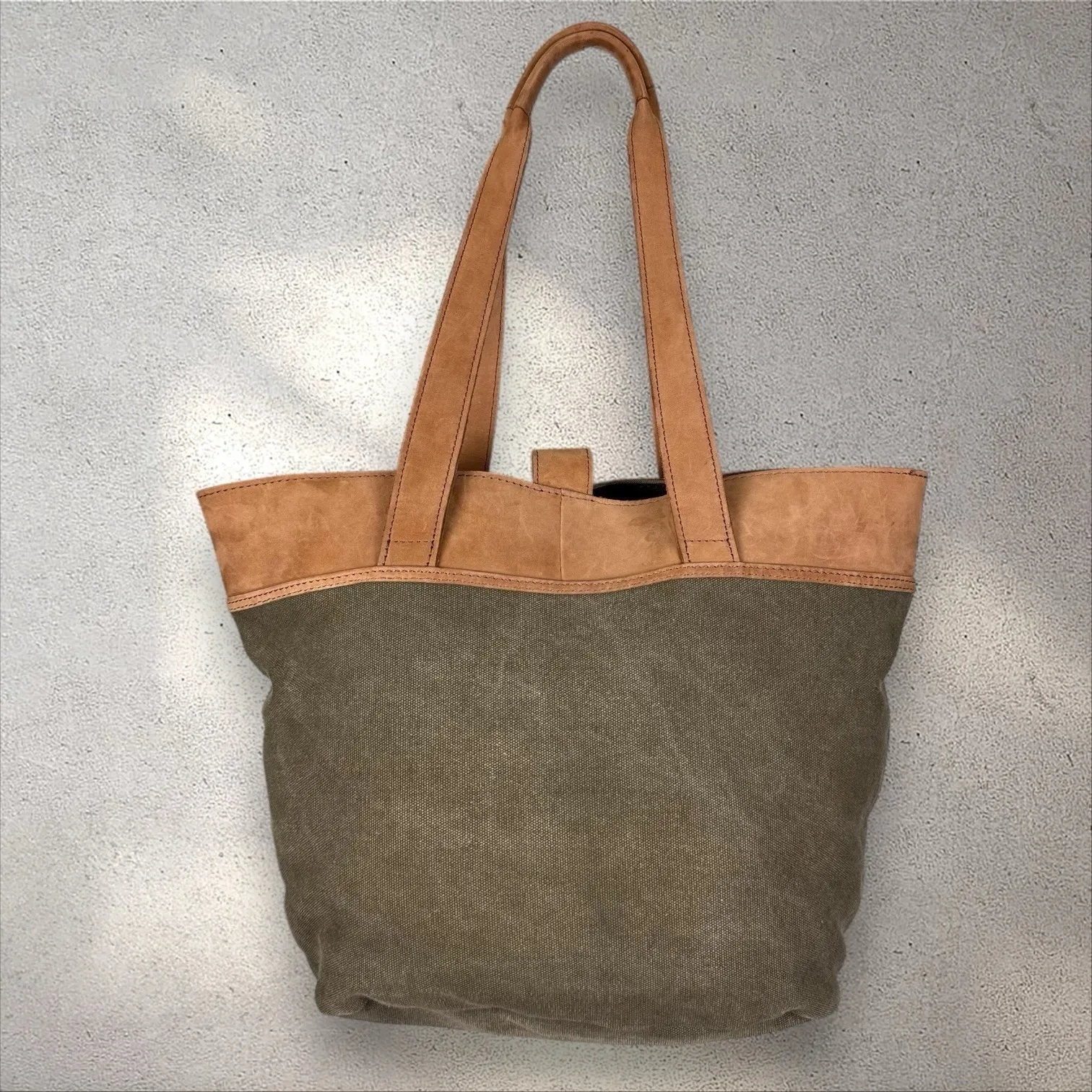 LL Bean Canvas Leather Boat Bucket Travel Shoulder Bag Khaki Green Purse Tote - Image 4