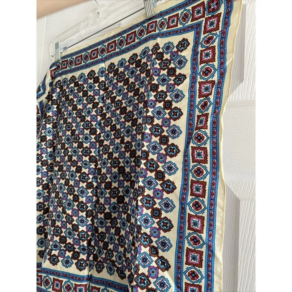 Vintage Glentex Blue Geometric Silk Blend Scarf Hand Rolled in Japan Old‎ Money - Image 4