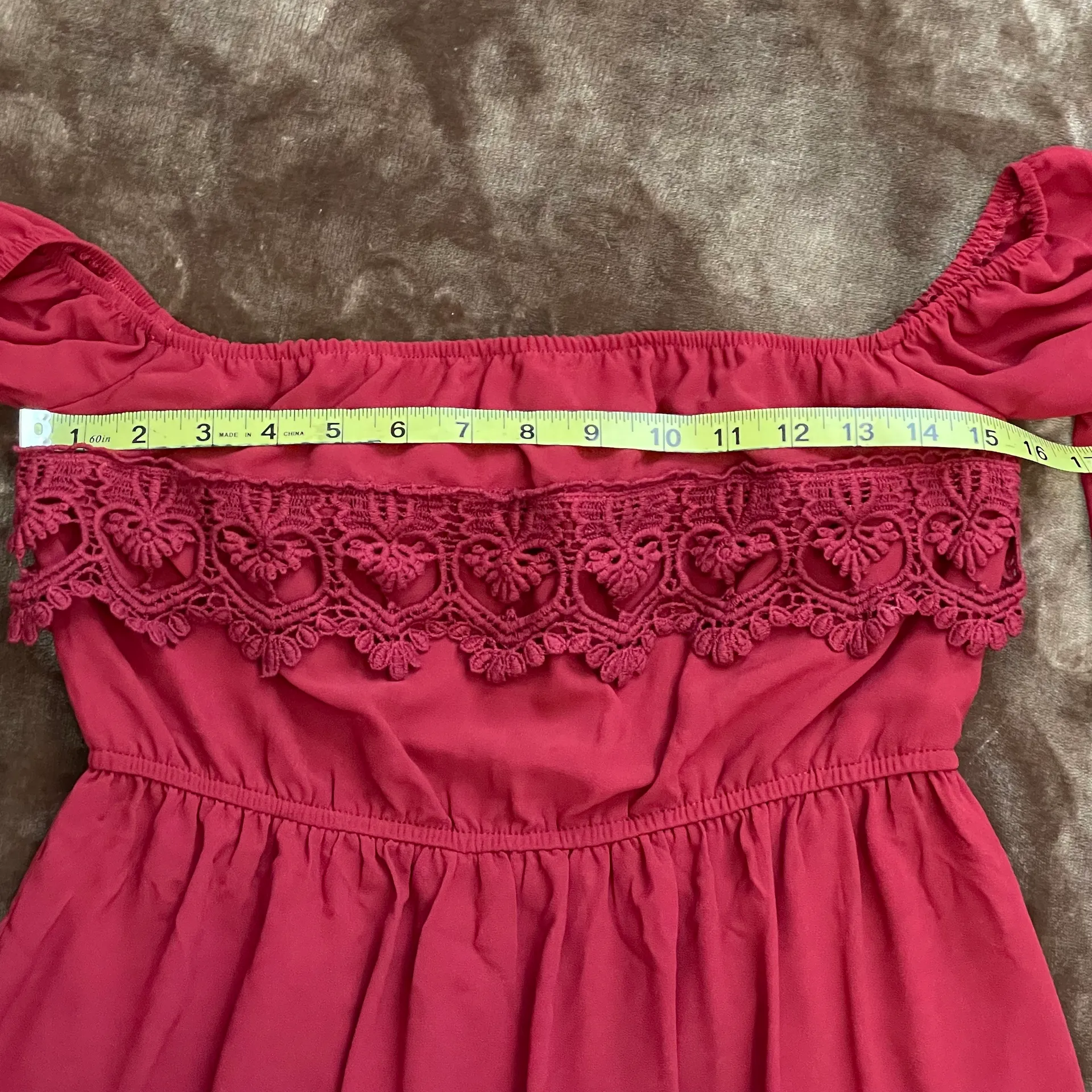 Dark Red Wine Off The Shoulder Crocheted Lace Dress Small - Image 10