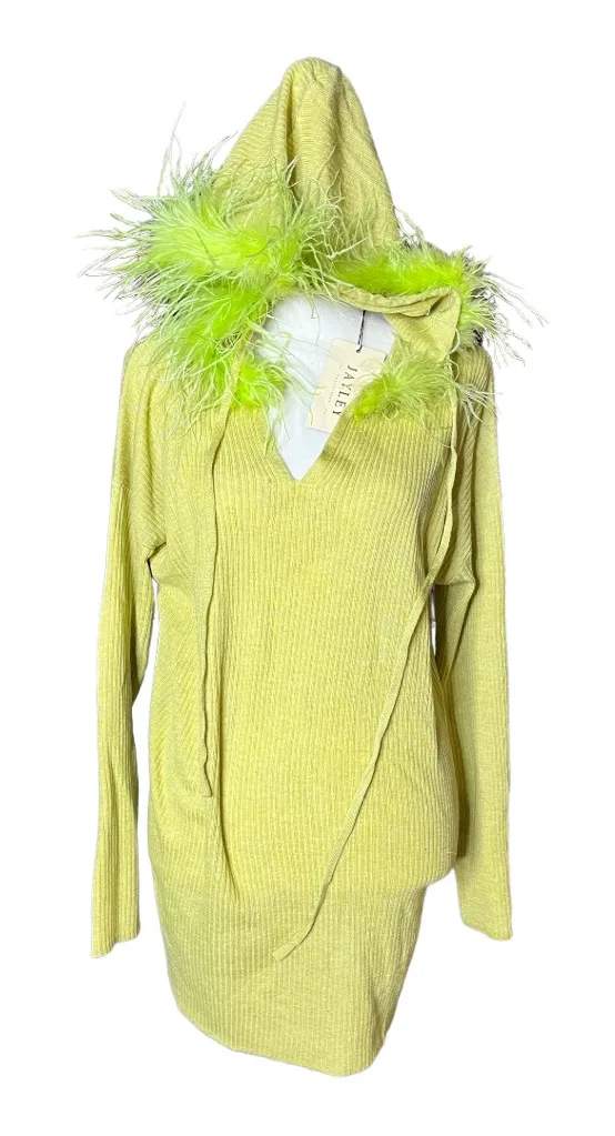 JAYLEY Lime Green Cashmere Blend Hooded Jumper with Feathered Hood new Size M - Image 1