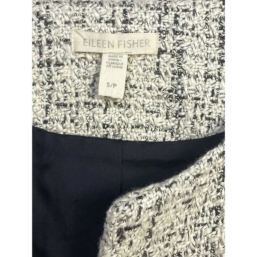 Eileen Fisher‎ Jacket Womens Large Cream Black Single Button Tweed Trench Coat - Image 2