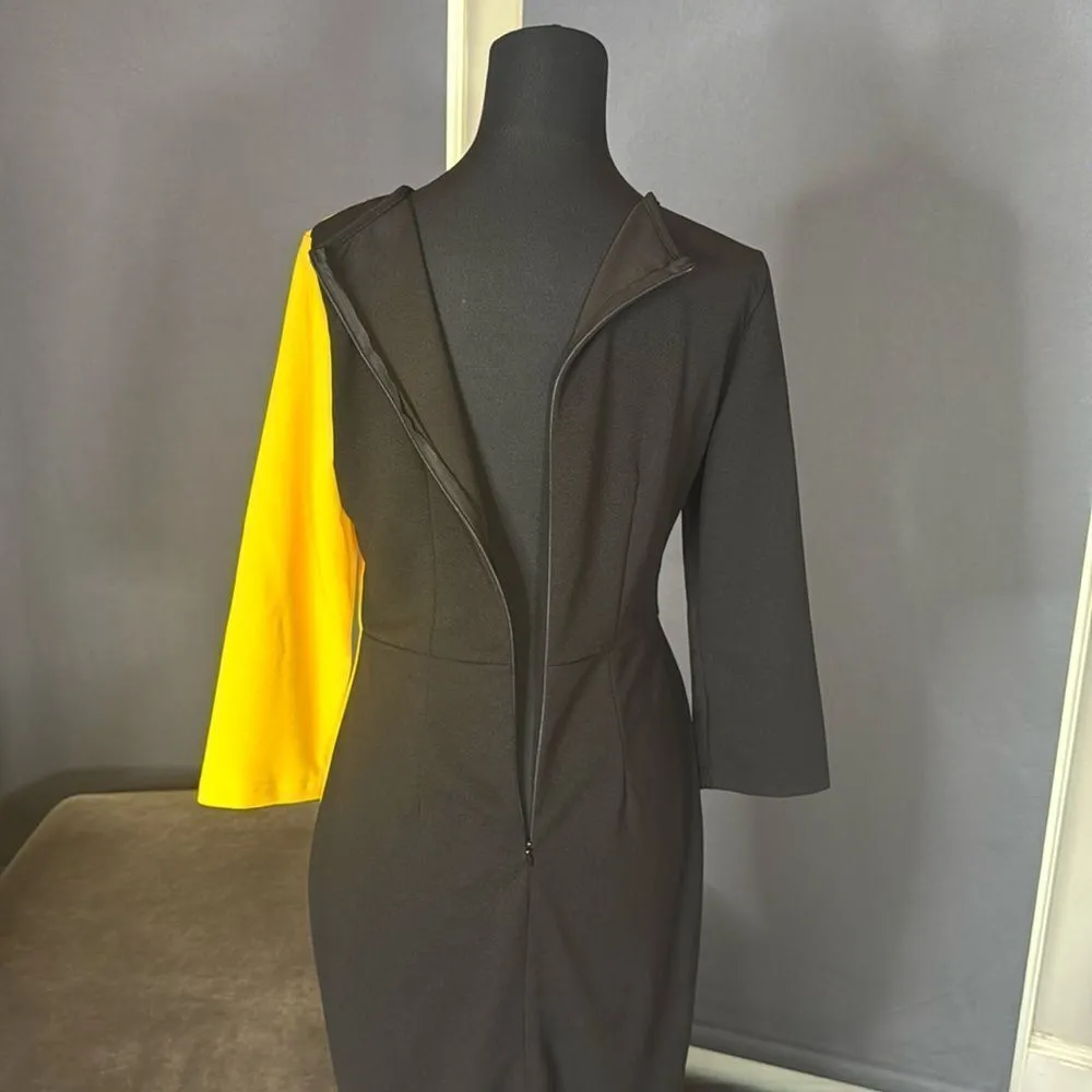 Women’s Black & Yellow Asymmetrical Ruffled Front Midi Dress 3/4 Sleeve Size S - Image 14