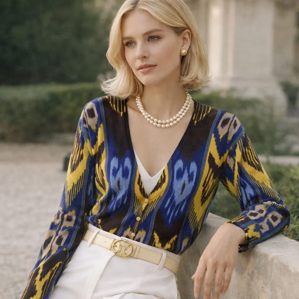 Tory Burch 100% Wool Knit Cardigan Sweater M Button Up Abstract Tribal Print - Image 2