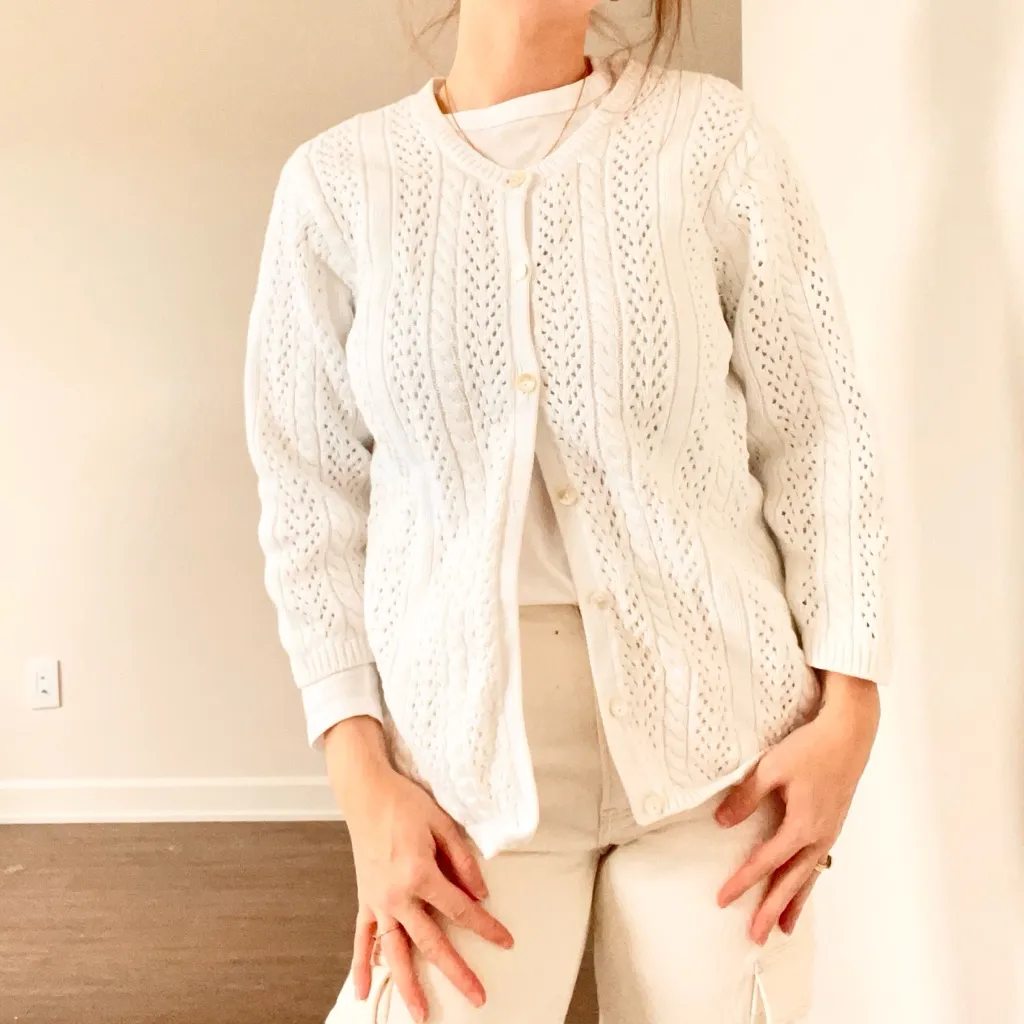 Vintage Eddie Bauer White Crochet Cardigan - Image 3
