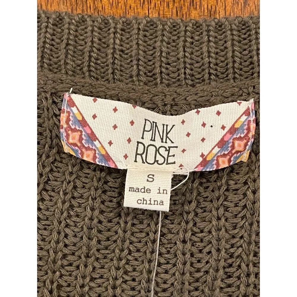 Pink‎ Rose Olive Green V Neckline Striped Sleeve Knit Pullover Sweater Size S - Image 6