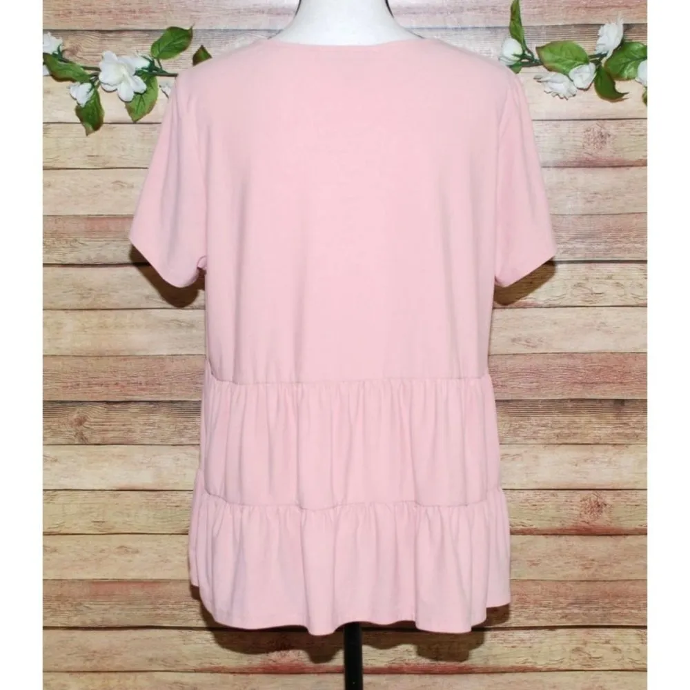 Harlow & Rose Ladies Pink Blouse Top Size L Short Sleeve Stretch Tiered Boho Size L - Image 6