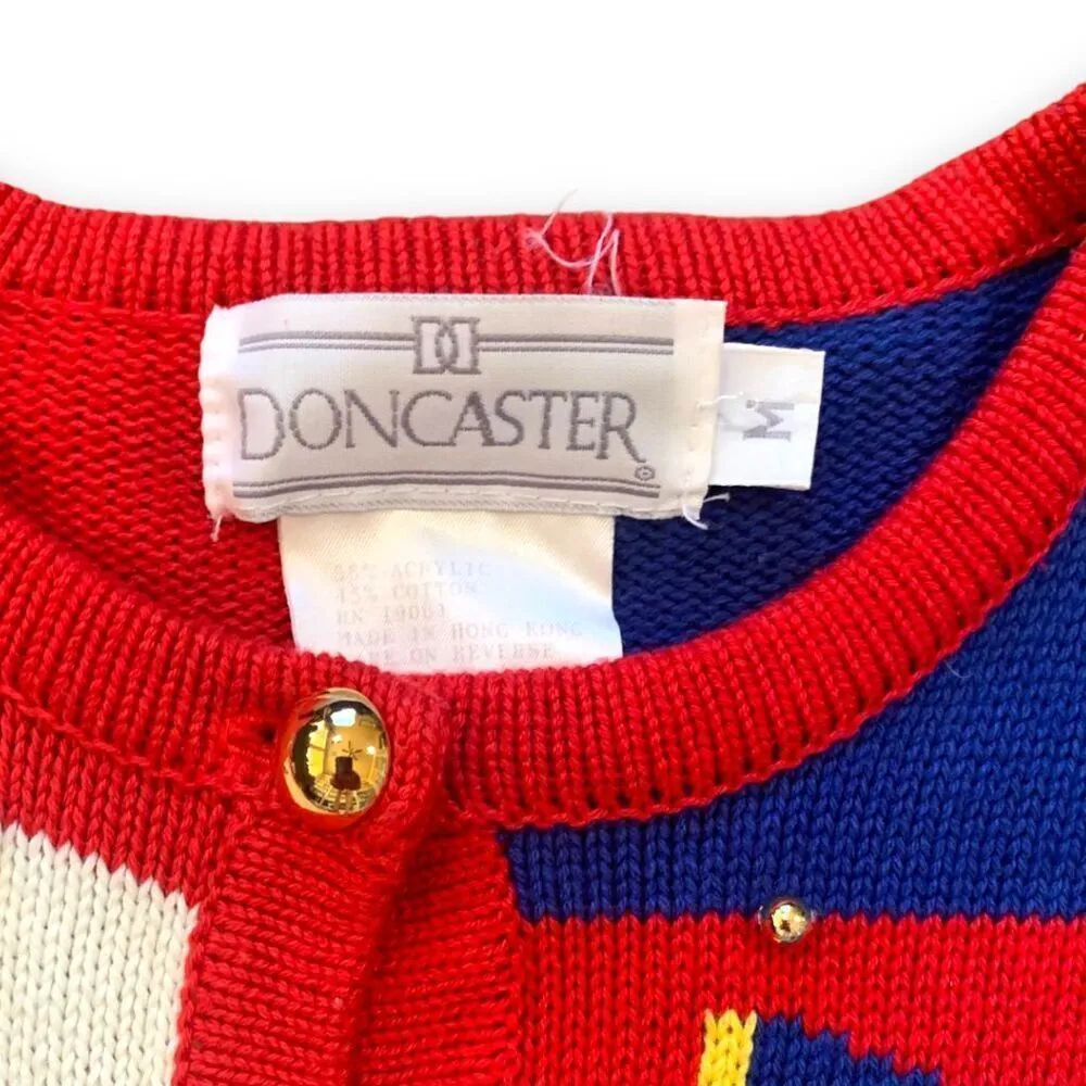 Vintage 90s Nautical Knit Cardigan Sweater Round Neck Bright Pattern Cropped Red Size M - Image 8