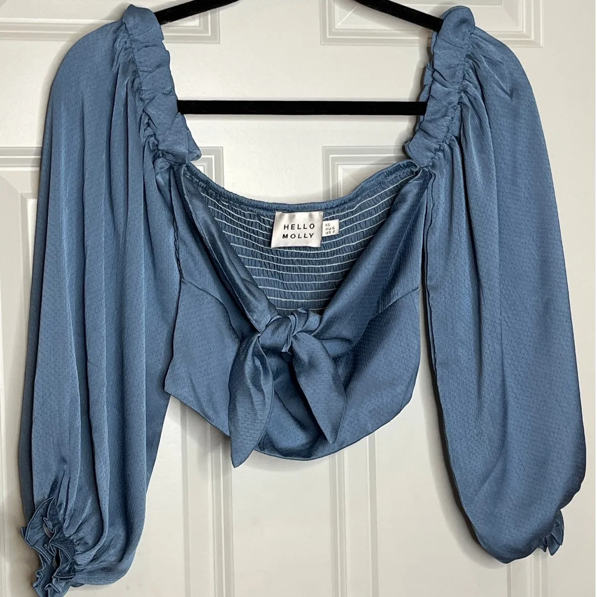 Hello Molly Azure Skies Crop Blue Satin Shirt On or Off‎ the Shoulder Size 2 - Image 2