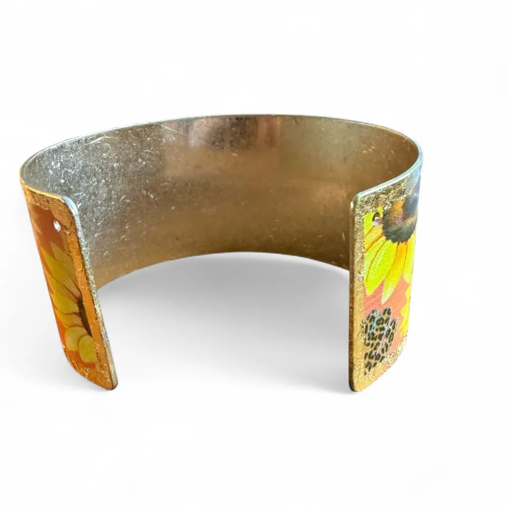 Retro Orange/Coral Sunflower Animal Print Gold Cuff Bracelet One Size - Image 3