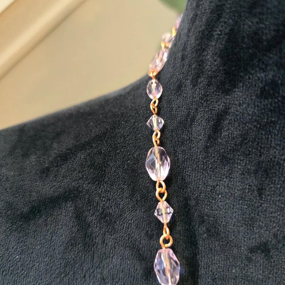 Womens Bright Pink Venetian Crystal Brown Round Metal Beaded Necklace - Image 6