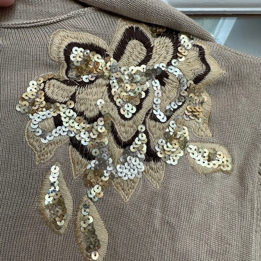 Vintage Cache Knit Silk Blend Tan Cardigan Gold Sequin Floral Embroidery Size S - Image 4