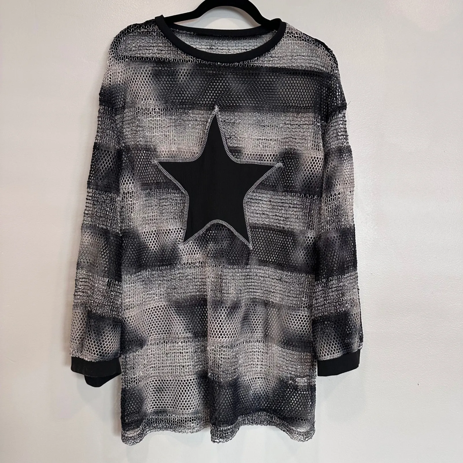 Sheer Mesh Star Top Black Gray Stripe Y2K Grunge Whimsigoth SHEIN Size L - Image 3