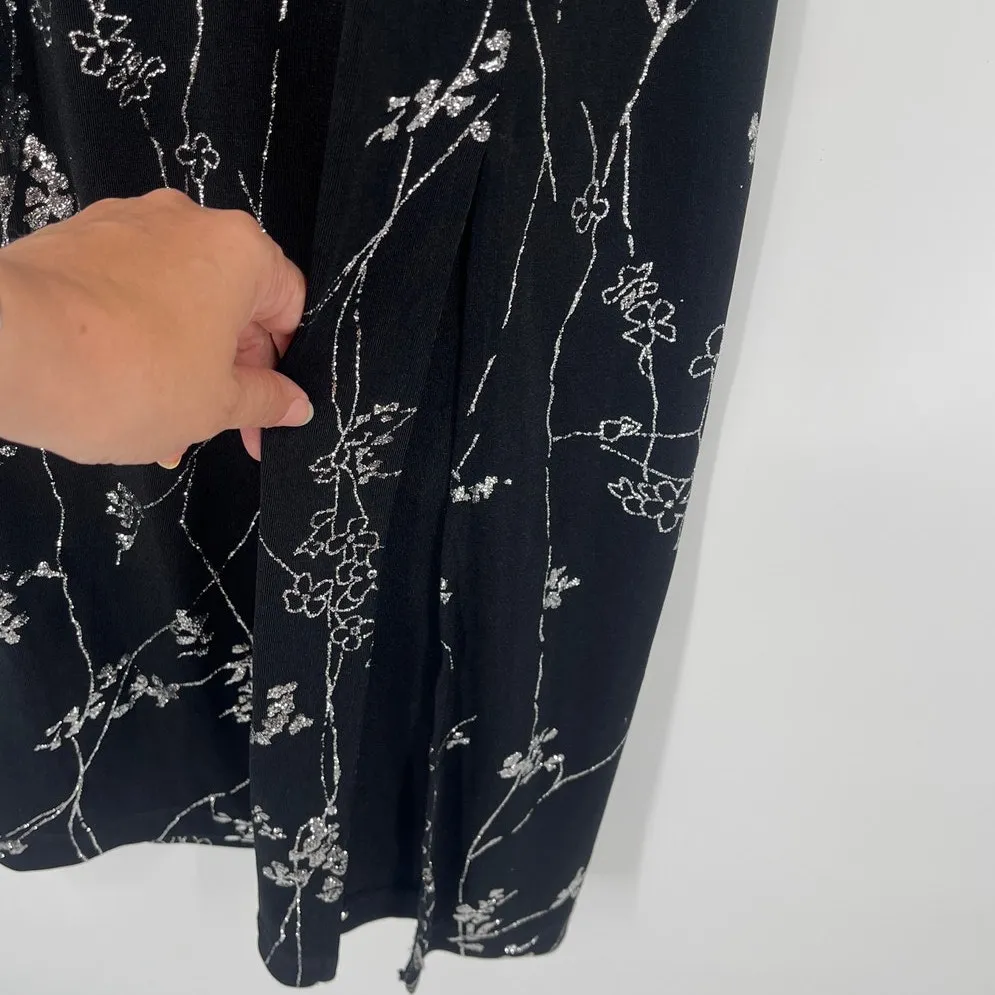 Vtg Y2 Eve Adams Midi Dress Sz M Holiday Gala Metallic Glitter Formal Floral Black Size M - Image 6