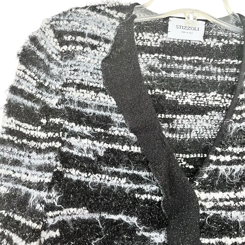 Stizzoli Black White Eyelash Knit Striped Metallic Cardigan Sweater Jacket Size M - Image 3