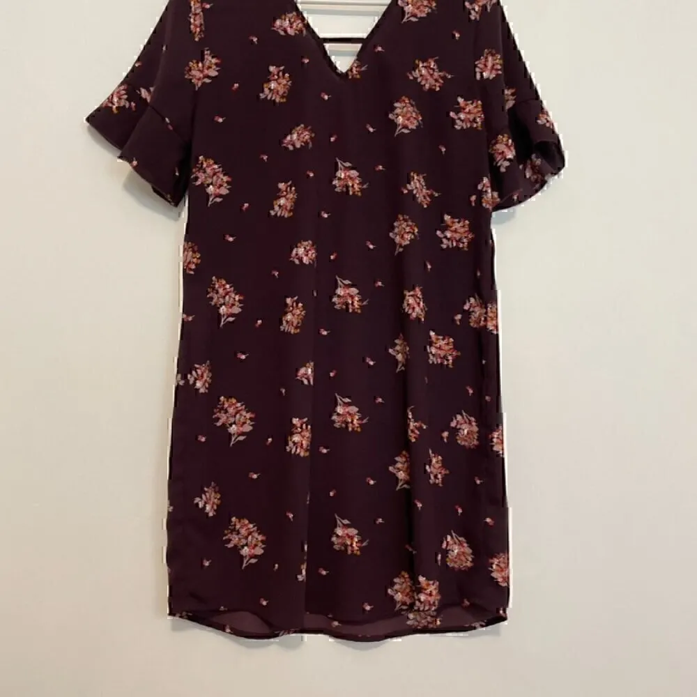 MAURICES Floral Bar Back Shift Dress Plum Purple Multi Short Sleeve Mini Fall S - Image 4