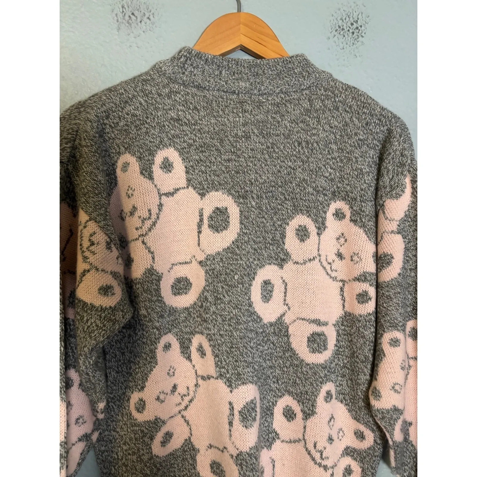 Vintage Teddy Bear Print Grey Pink Mock Neck‎ Sweater Size Small Girlhood Twee Gray - Image 7