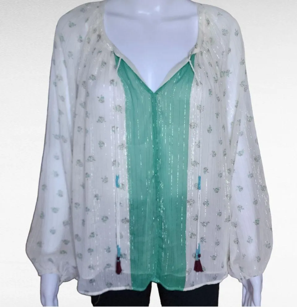Anthropologie Daniel Rainn Kaya Green White Peasant Blouse Size Small - Image 2