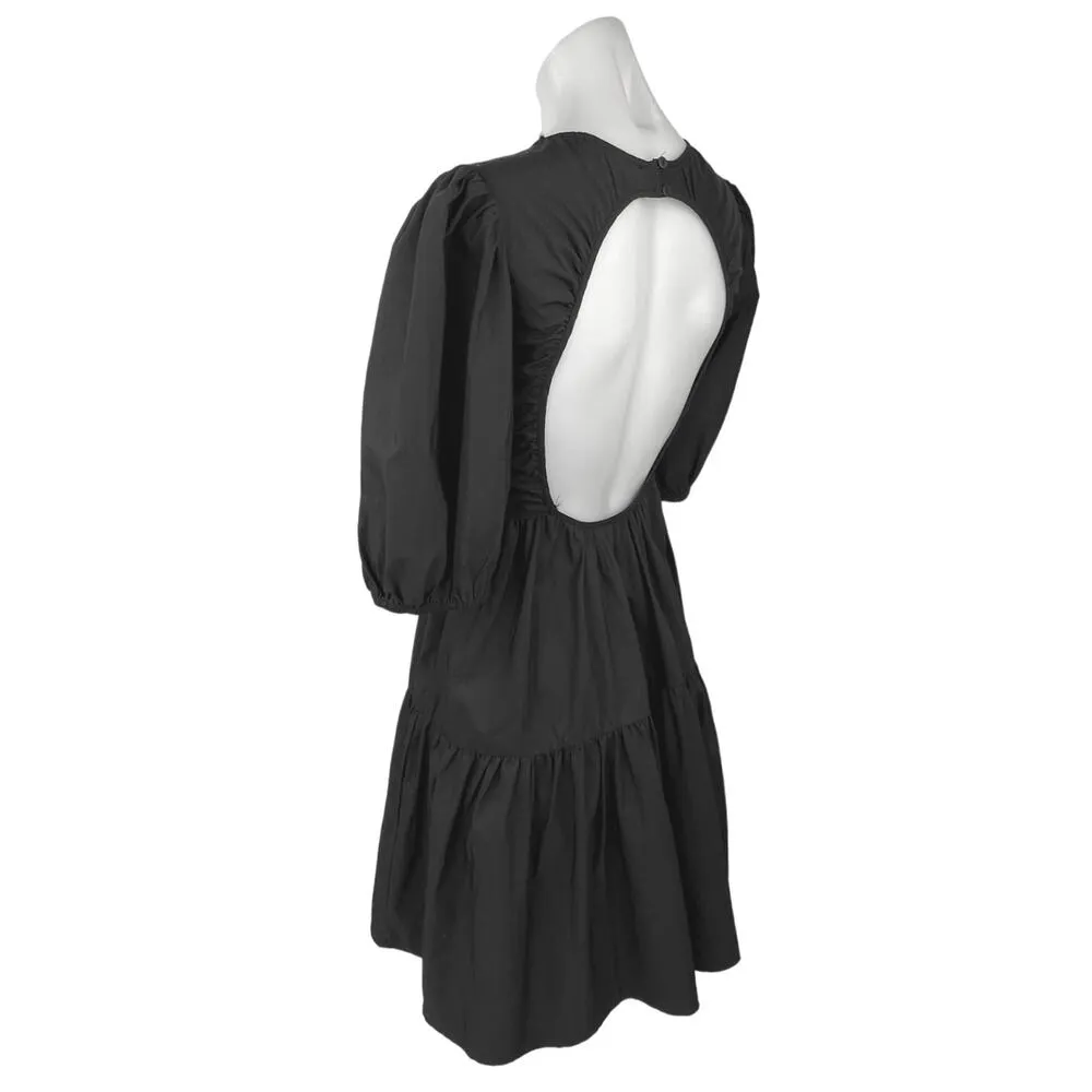 Zara Black Puff Sleeve Tiered Mini Poplin Open Back Tie Waist A-Line Dress Sz XS - Image 5
