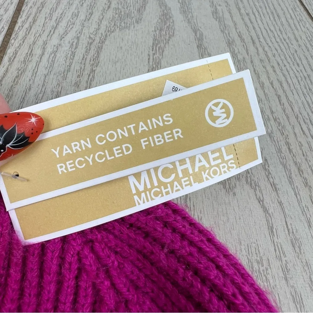 Michael Kors Women's Two Tone Color Block Ribbed Beanie OS Magenta Red $58 - Image 5