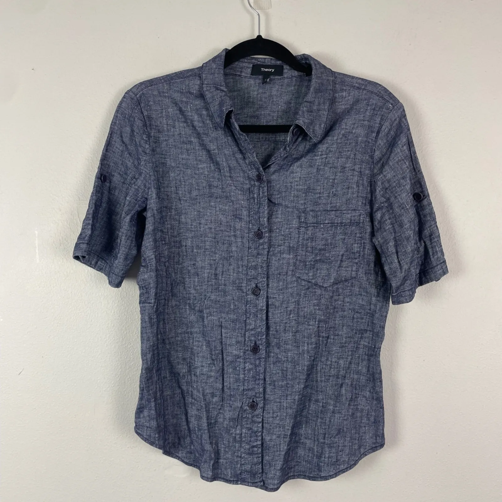 Theory Linen Blend Pauleen Tierra Wash Button Up Shirt Blue L Roll Tab Sleeves - Image 2