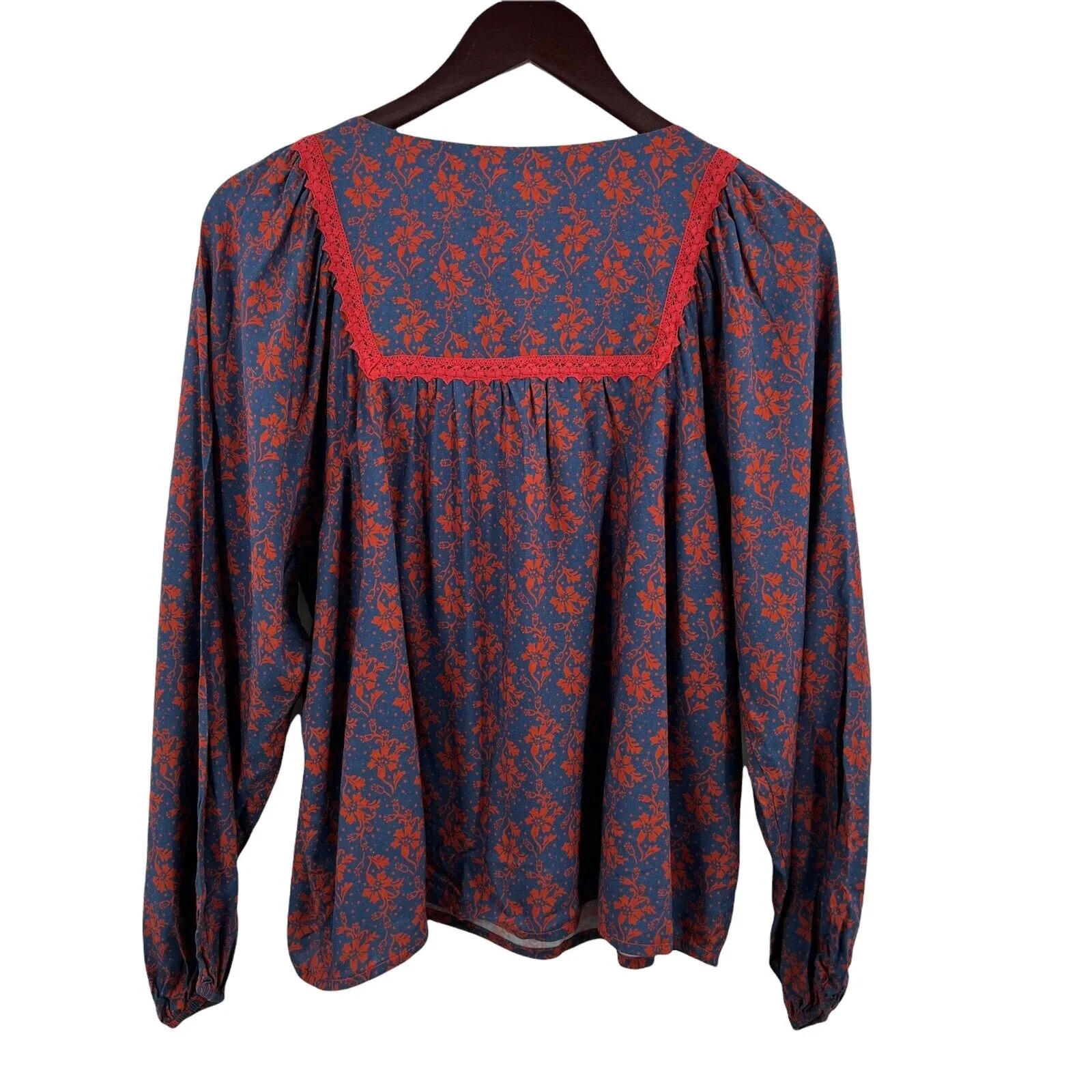 The Korner Top Folk Boho Blue‎ with Red Floral Embroidered Blouse Size Small New - Image 4