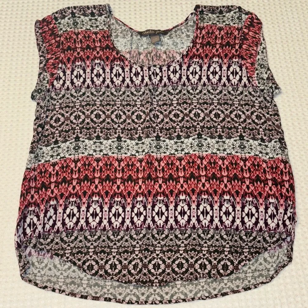 Charlie Jade LARGE Boho Ethnic Print Pink Green White Short Cap Sleeve Blouse - Image 3