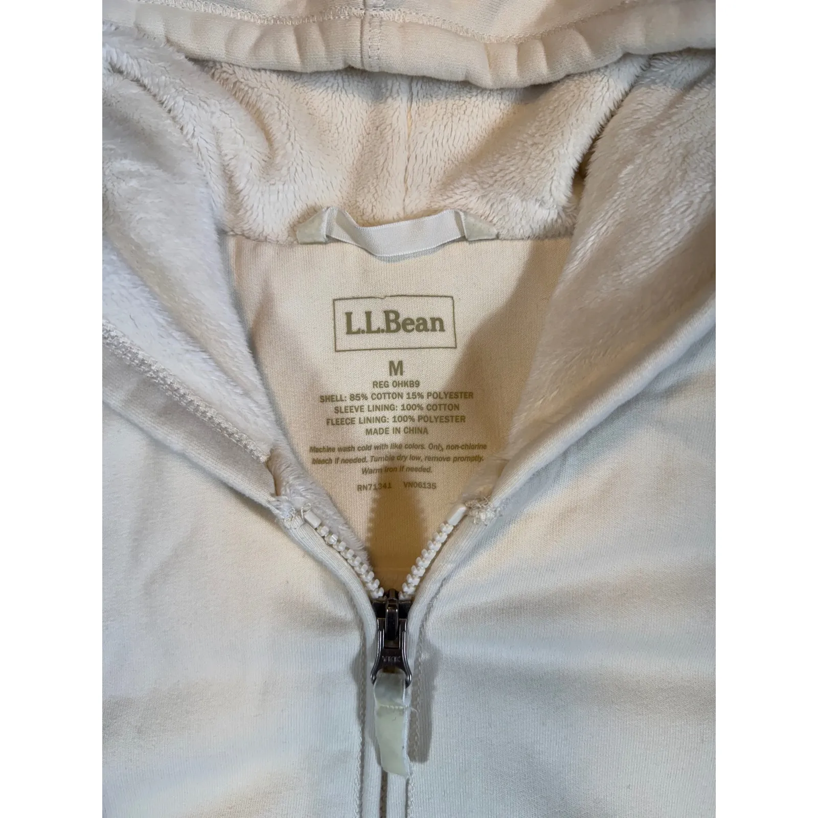 LL Bean Women Cream Fleece Lined Zip Up Hoodie Jacket Size M Casual Outdoor - Image 3