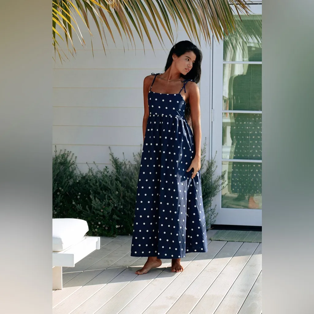 BEACH RIOT Valory Maxi Dress Navy Polka Dot Linen, Size Medium, $198 - Image 3