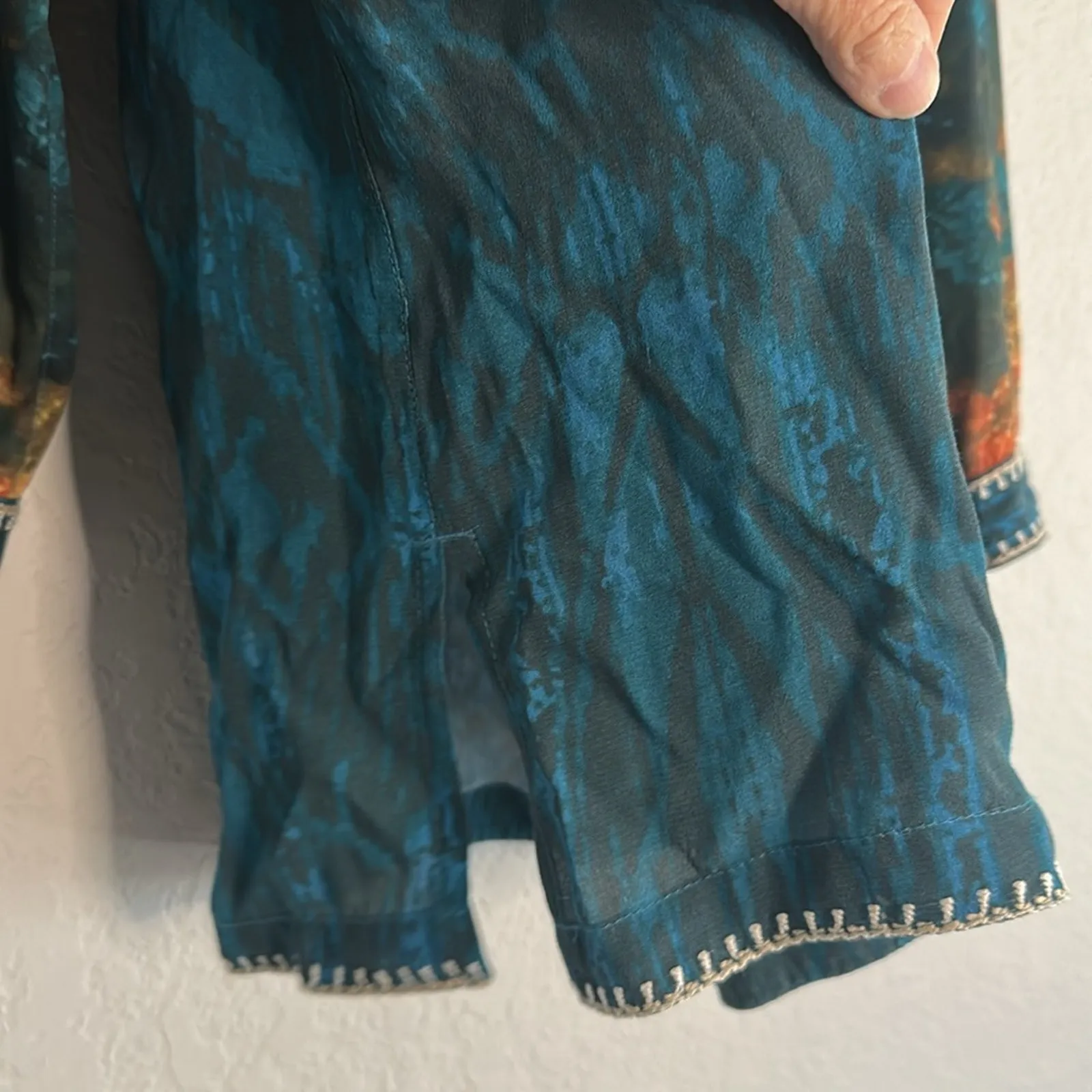 John Mark Embroidered Teal Blue Orange Tunic Top Aztec Southwestern Watercolor - Image 7