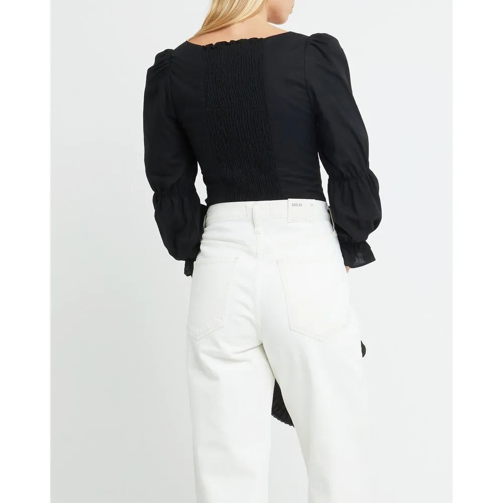 kourt Francesca Linen Cotton Blend Minimalist Casual Sweetheart Blouse Black L Size L - Image 7