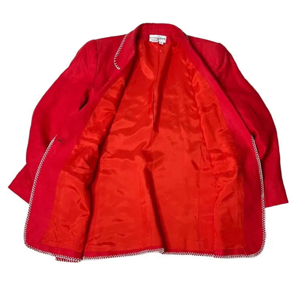 BLOOMINGDALES Red Linen Blazer White Edge Stitching Fully Lined Size 12 VINTAGE - Image 7
