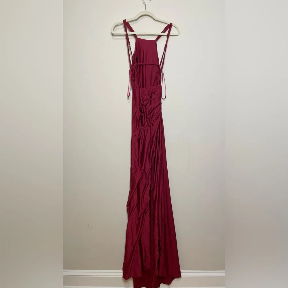 LA FEMME 26141 Burgundy High Neck Low Back Gown - Image 4