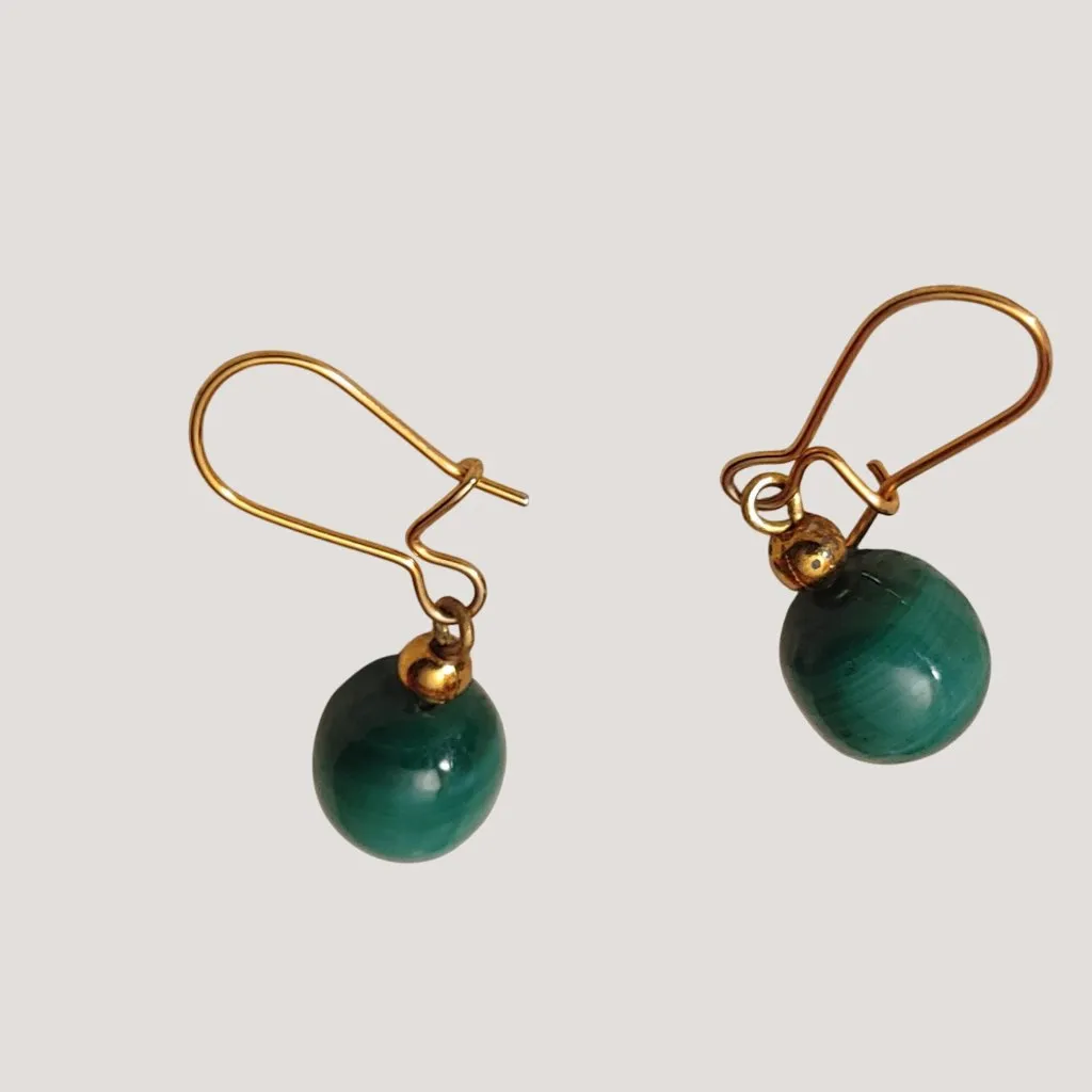 Green Malachite Natural Stone Bead Drop Earrings Gold - Image 2