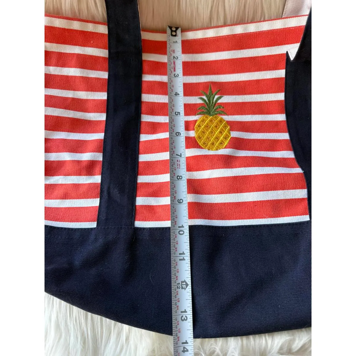 Striped Canvas Tote Bag with Pineapple Embroidery Red - Image 4