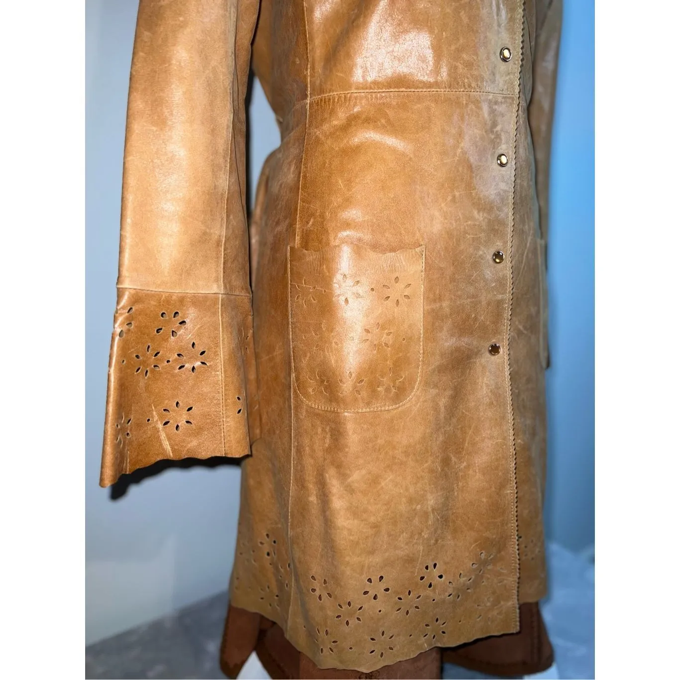 Wilsons Leather Duster Caramel Tan Trench Eyelet 70s Pearl Snaps Coat - Image 5
