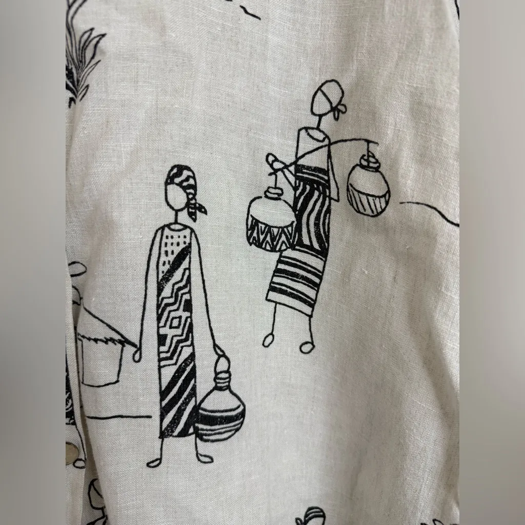 Hot Cotton vintage linen short sleeve, black & white print, button down shirt. M Size M - Image 3
