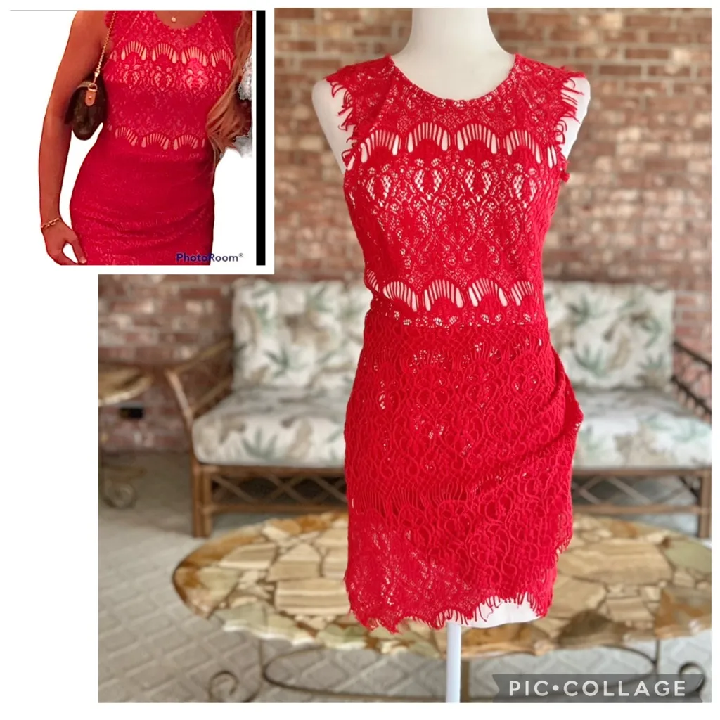 Tea & Cup Dress Bodycon Mini Lace Ruched Red M (jrs) Party Wedding Prom Holiday - Image 2