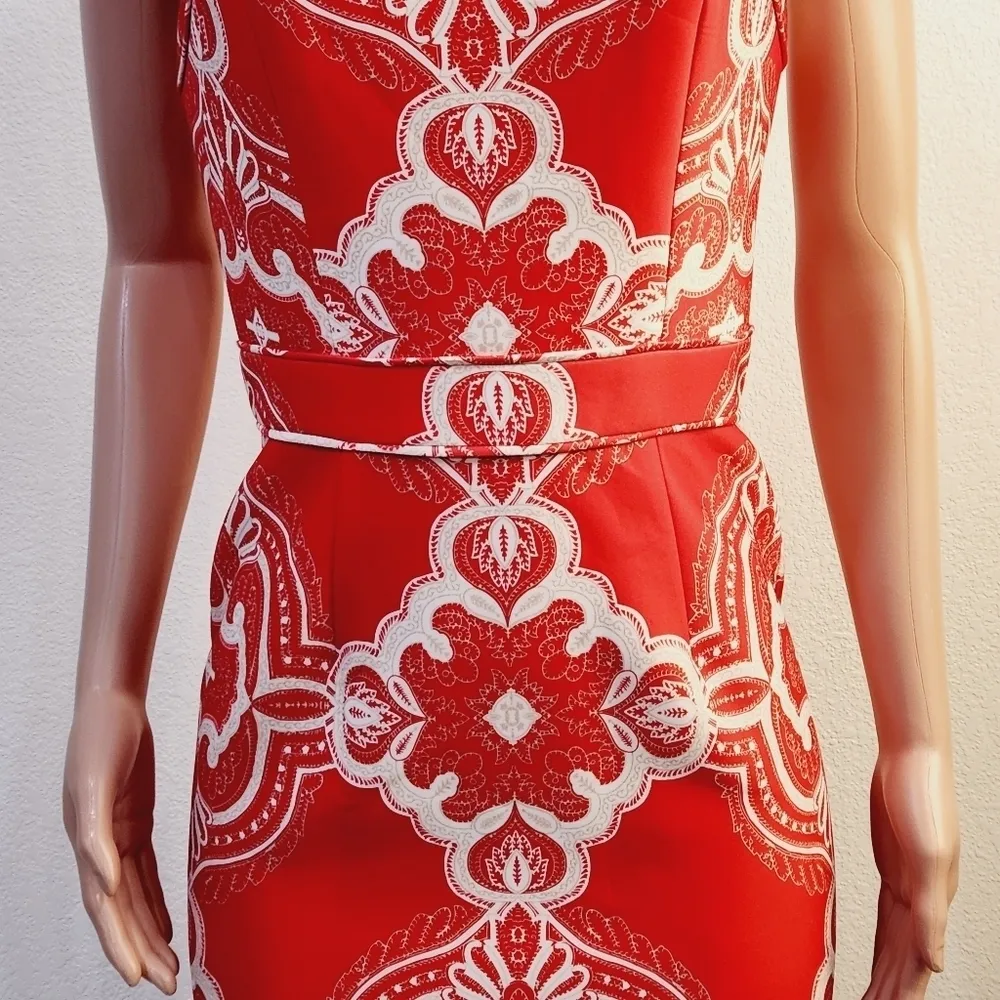 Lovely Adrianna Papell Orange White Damask Scuba Dress Women's Size: 6 - Image 3