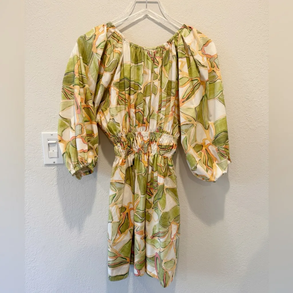 MISA Senia Dress in Chartreuse Abstract Print‎ Mini Puff Sleeves Off Shoulder - Image 6