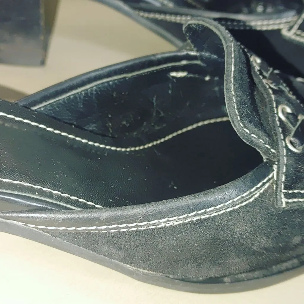 Coach Black Leather Size 7.5 Block Heels Slip On Mules Loafers Iris Suede Square - Image 12