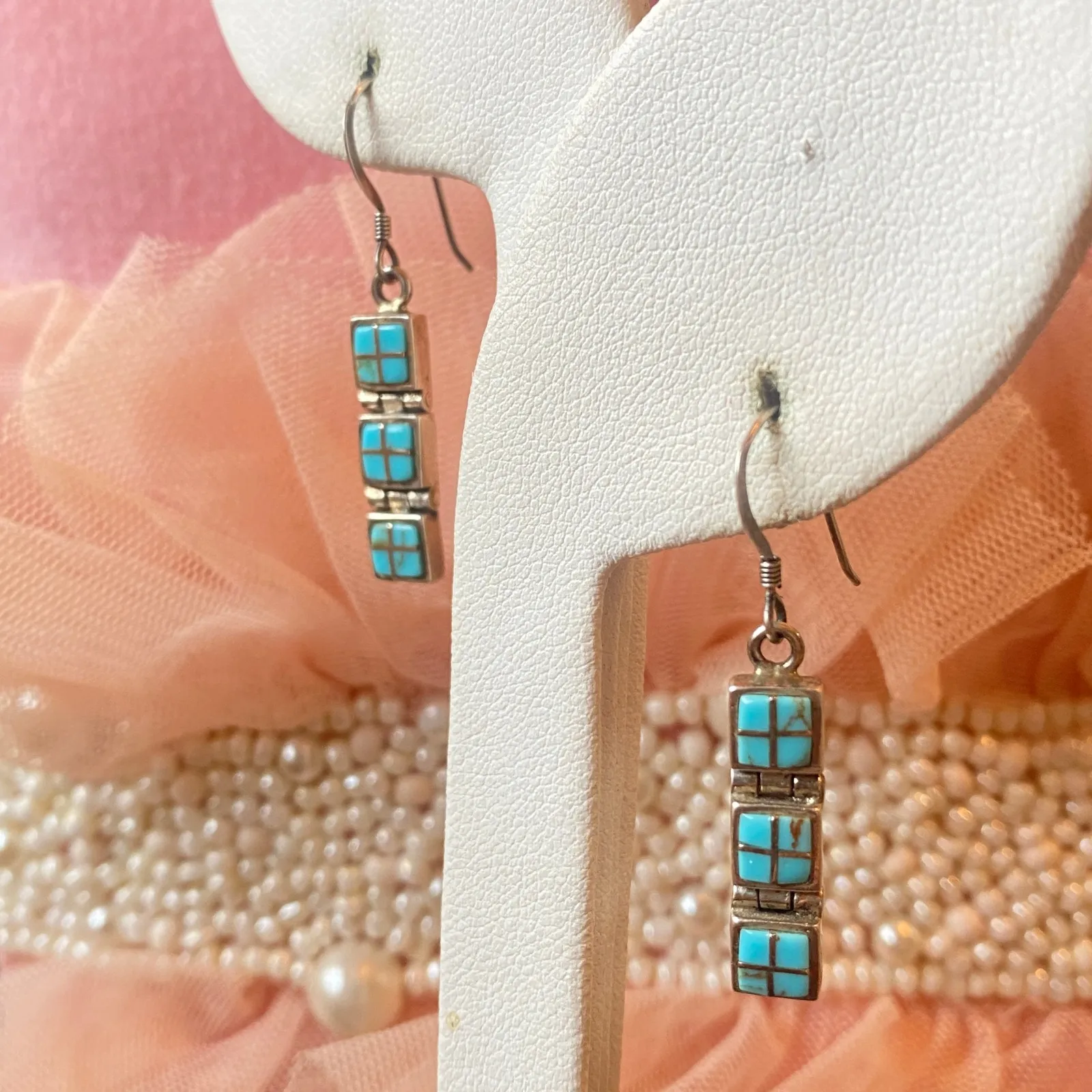 Vintage Sterling Silver Turquoise Dangle Earrings Southwestern Old Money Blue - Image 4