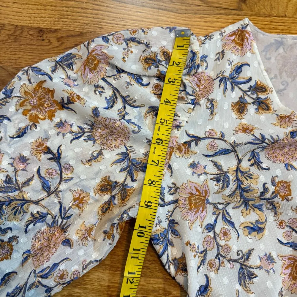 Joie Womens Medium Cream Blonde Floral Puff Sleeve Wrap Blouse Cottage Romantic - Image 8