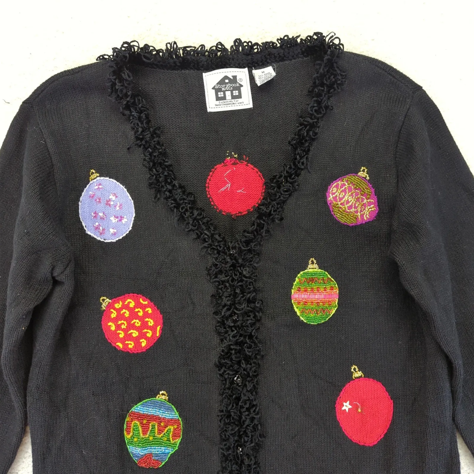 Storybook Knits Women's Black Ornament Christmas Cardigan‎ Sweater Size Medium - Image 7