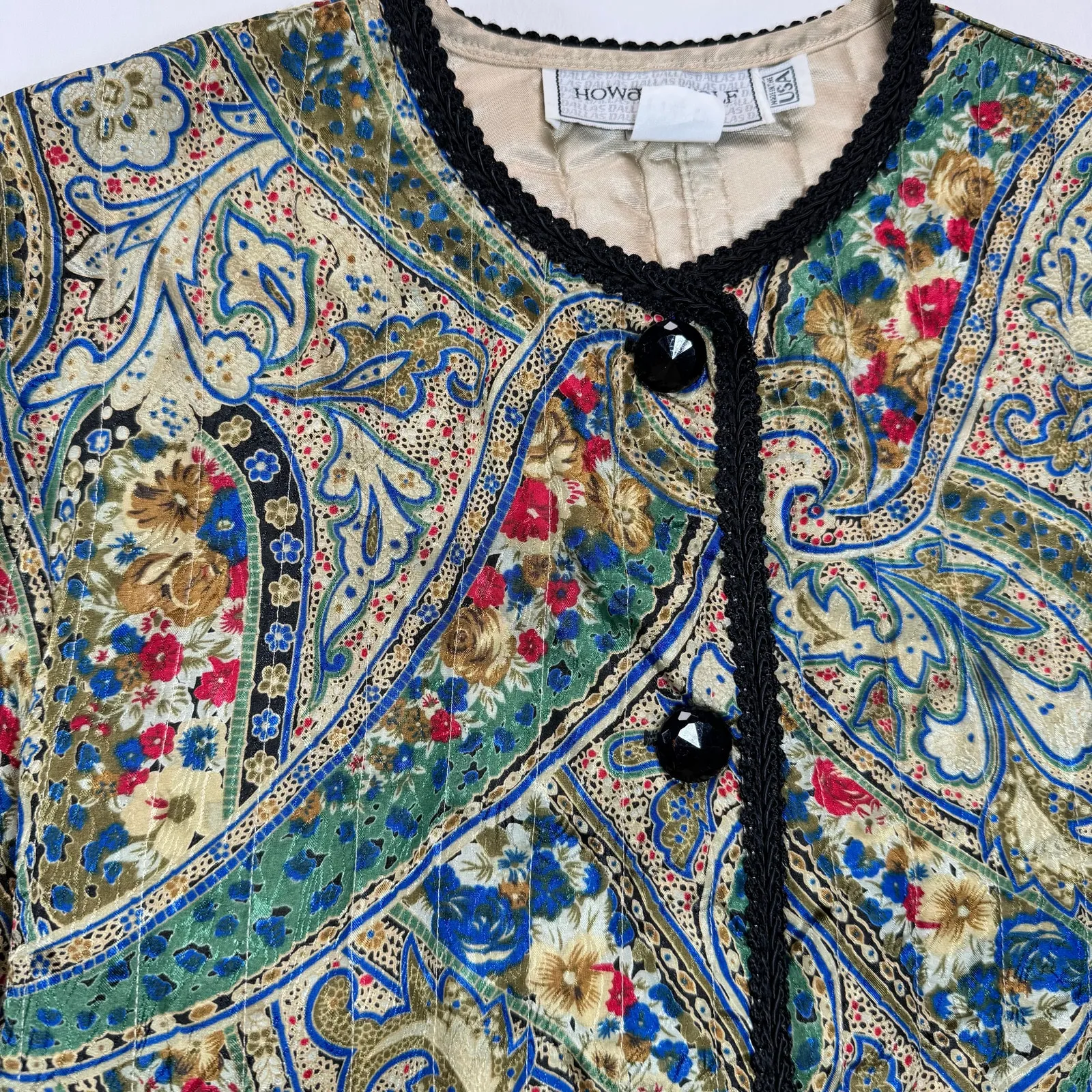 Vintage Satin Boho Artsy Paisley Jacket womens S/M Howard Wolf 70s 80s Black - Image 2